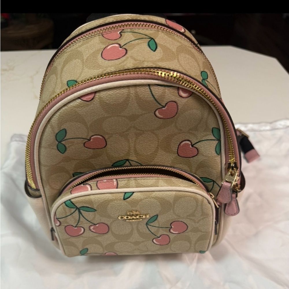 NWT Coach Mini Court Backpack In Signature Canvas Leather Cherry Print NWOT